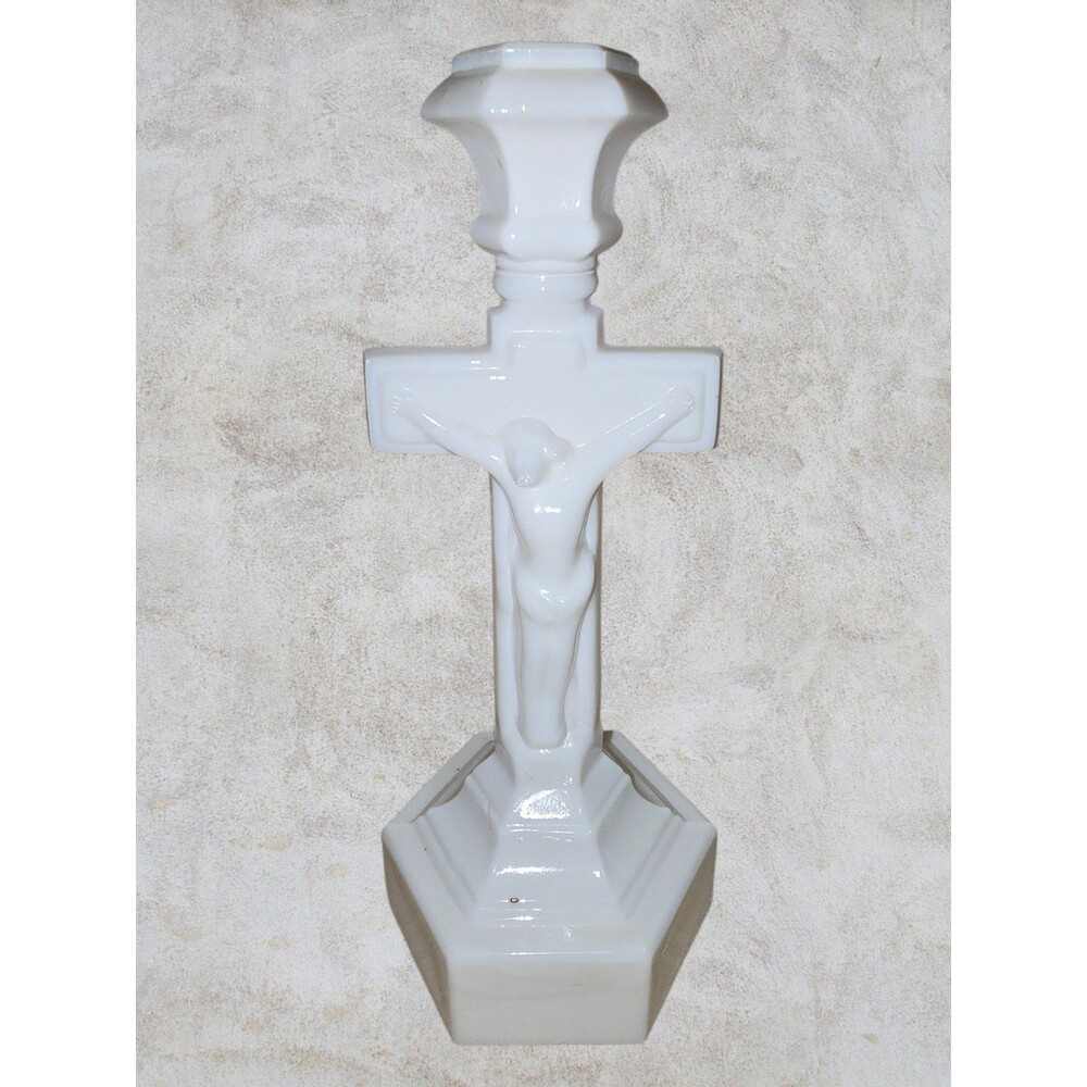 Vintage Milk Glass Jesus Crucifix Taper Candle Holder Hexagonal Base 10" Cross